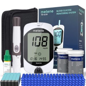 Metene TD-4116 - Kit de monitor de glucosa en sangre, 100 tiras de glucómetro, 100 lancetas, 1 monitor de azúcar en sangre