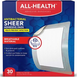 All Health Vendas adhesivas transparentes antibacterianas, 3 x 4 pulgadas, 30 unidades