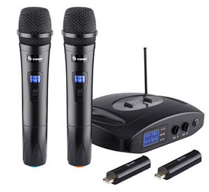 Sistema profesional de 2 micrófonos inalámbricos UHF, con batería recargable - STEREN